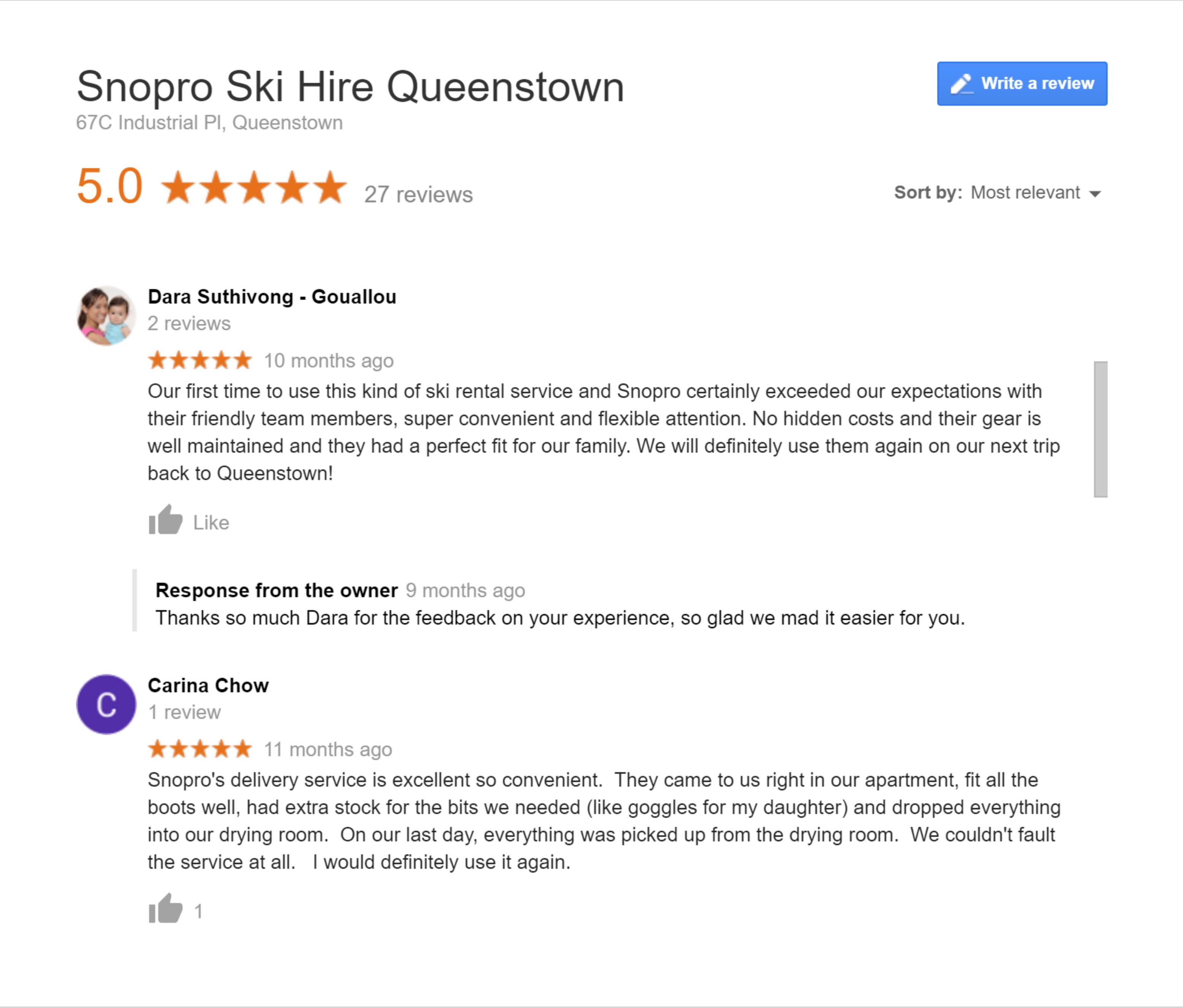 Google reviews of Snopro ski hire in Queenstown and Wanaka
